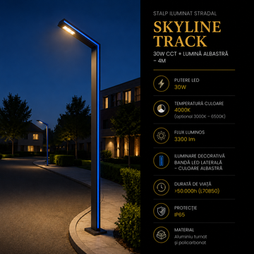 Stalp Iluminat Stradal Skyline Track 30W CCT + Lumina Albastra – 4M