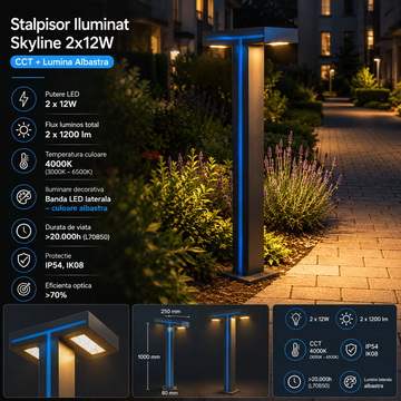 Stalpisor Iluminat Skyline 2x12W CCT + Lumina Albastra – 1M