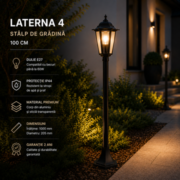 Stalp De Gradina LATERNA 4 Tip Felinar Negru 100CM