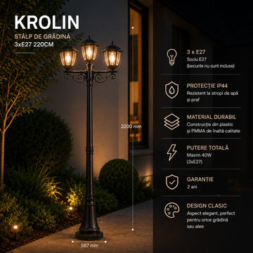 Stalp De Gradina KROLIN Tip Felinar Negru 3xE27 220CM