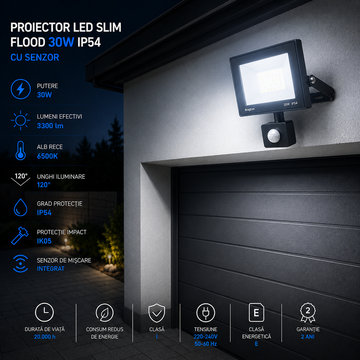 Proiector LED FLOOD Black 30W IP54 cu Senzor 6500K