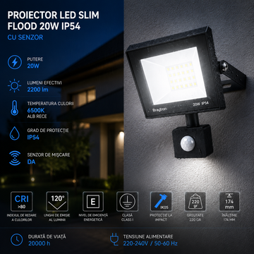 Proiector LED FLOOD Black 20W IP54 cu Senzor 6500K