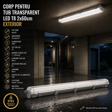 Corp Pentru Tub Transparent LED T8 2x60cm Exterior