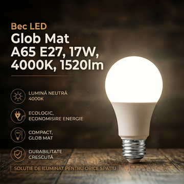Bec LED Glob Mat A65 E27, 17W, 4000K, 1520lm