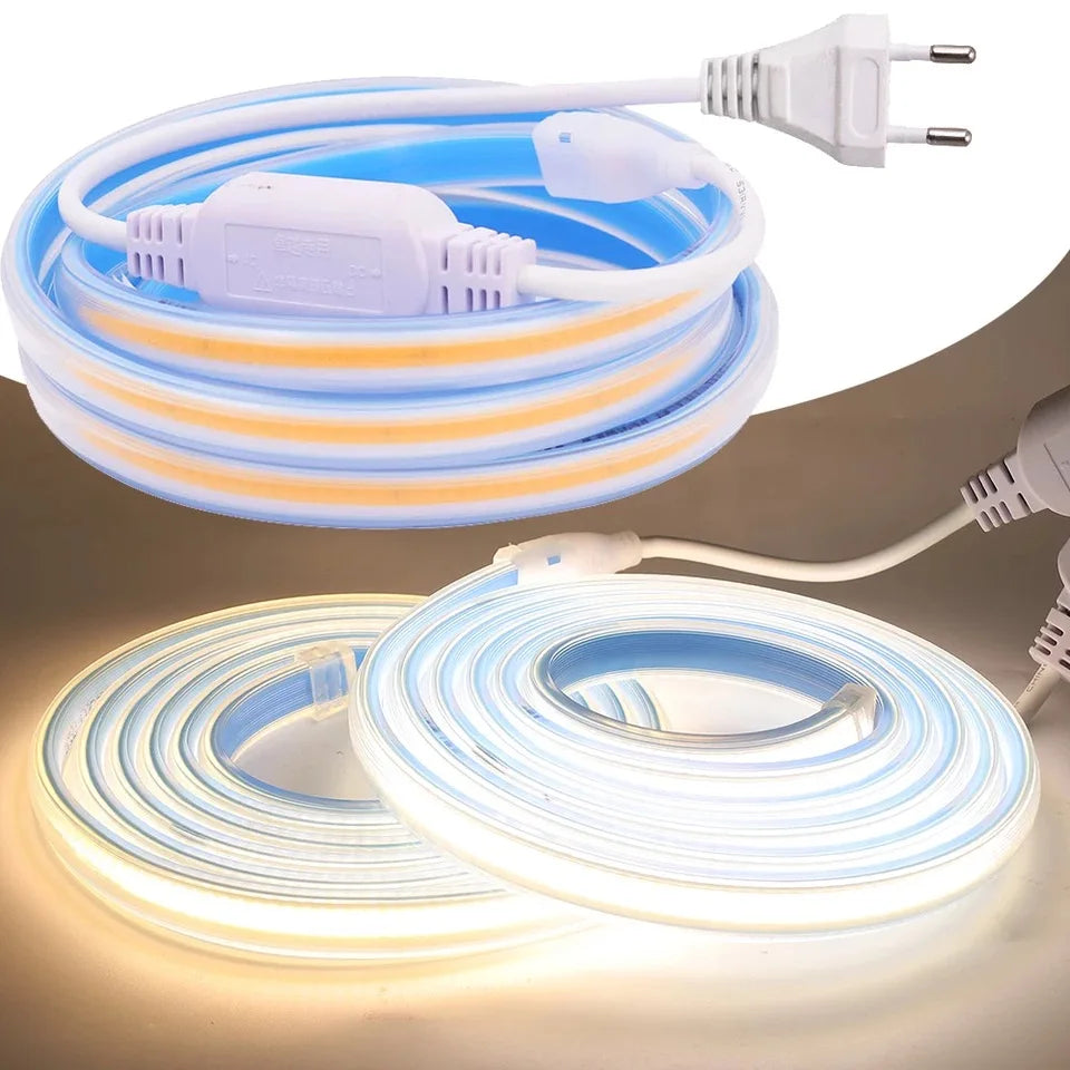Kit Complet Banda Led Cob 220V Exterior Ip65 - 10W/Ml Alb Rece / 10W 10 Metri Strips