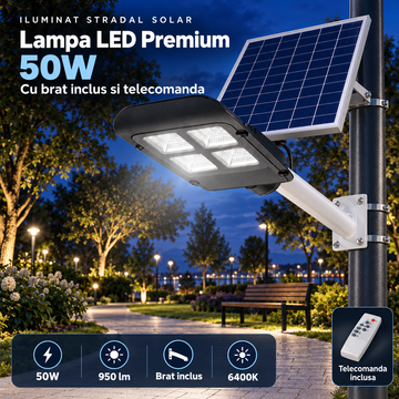 Lampa LED Premium 50W Iluminat Stradal Solara Cu Brat Inclus Telecomanda