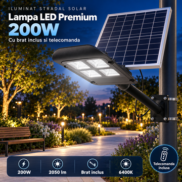 Lampa LED Premium 200W Iluminat Stradal Solara Cu Brat Inclus Telecomanda