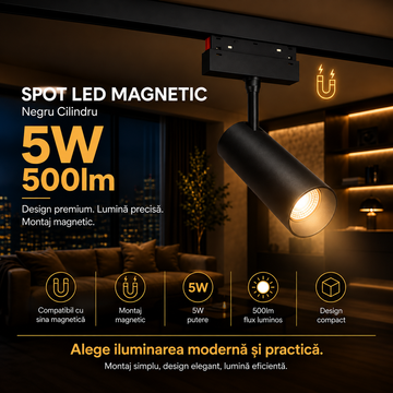 Spot LED 5W Magnetic Negru Cilindru