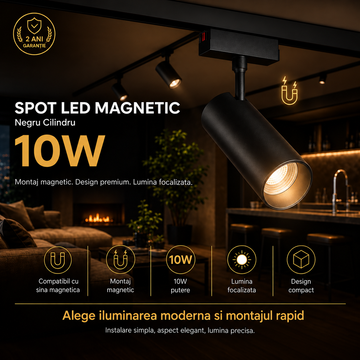 Spot LED 10W Magnetic Negru Cilindru