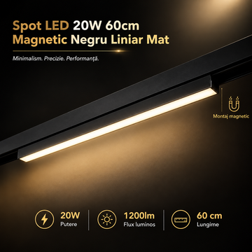 Spot LED 20W 60cm Magnetic Negru Liniar Mat