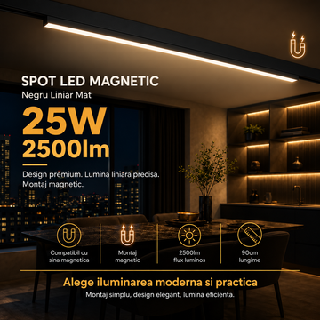 Spot LED 25W 90cm Magnetic Negru Liniar Mat