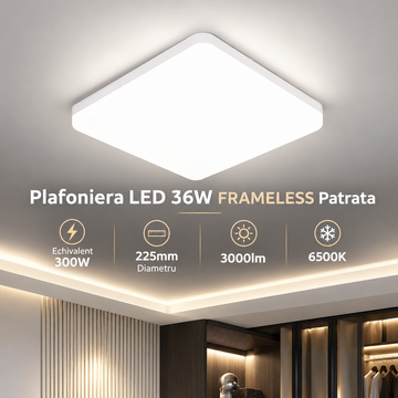 Plafoniera LED 36W FRAMELESS Patrata Echivalent 300W Lumina Rece