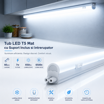 Tub LED T5 Mat cu Suport Inclus si Intrerupator 60cm 7W, 650lm, 6500K