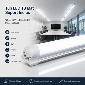Tub LED T8 Mat Suport Inclus 120cm 18W, 1440lm, 6500K Interconectabil