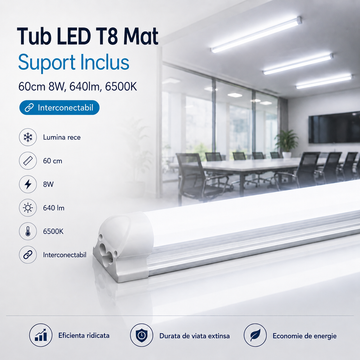 Tub LED T8 Mat Suport Inclus 60cm 8W, 640lm, 6500K Interconectabil