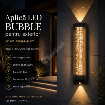 Aplica LED 30CM 16W Liniara Bubble Neagra Exterior