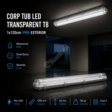 Corp Tub LED Transparent T8 1x120cm IP65 Exterior