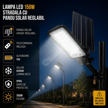 Lampa LED 150W Solara cu Panou Reglabil si Telecomanda 6500K