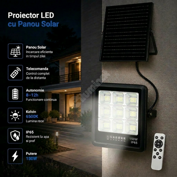 Proiector LED 150W Premium cu Panou Solar Monocristaline si Telecomanda