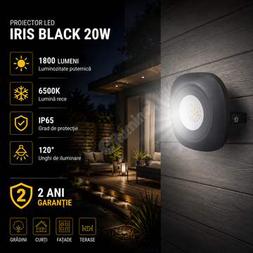 Proiector LED 20W IRIS Black IP65 1800lm 6500K