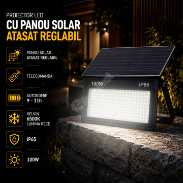 Proiector LED cu Panou Solar Atasat Reglabil 1300lm, IP65, 6500K Telecomanda