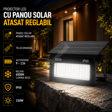 Proiector LED cu Panou Solar Atasat Reglabil 1600lm, IP65, 6500K Telecomanda
