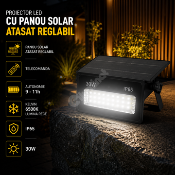 Proiector LED cu Panou Solar Atasat Reglabil 400lm, IP65, 6500K Telecomanda