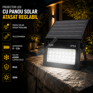 Proiector LED cu Panou Solar Atasat Reglabil 700lm, IP65, 6500K Telecomanda