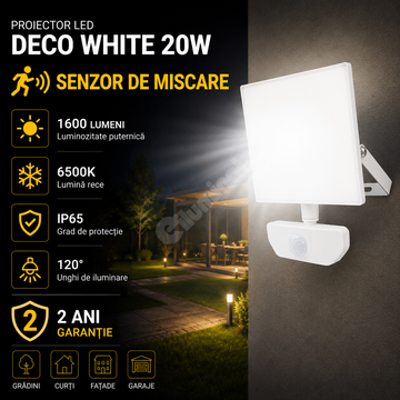 Proiector LED cu Senzor 20W Deco White IP65 1600lm 6500K