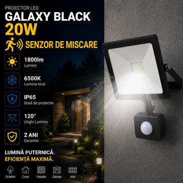 Proiector LED cu Senzor 20W Galaxy Black IP65 1800lm