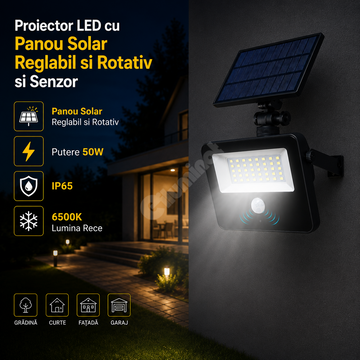Proiector LED cu Senzor si Panou Solar Atasat Reglabil si Rotativ IP65, 6500K