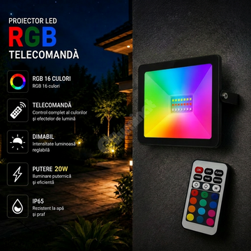 Proiector LED RGB Black 20W IP65, Dimabil cu Telecomanda