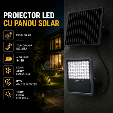 Proiector LED SMD 100W Premium cu Panou Solar si Telecomanda 6500K