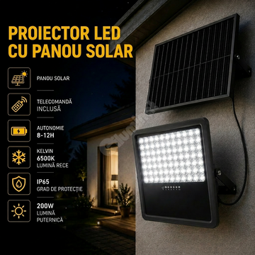 Proiector LED SMD 200W Premium cu Panou Solar si Telecomanda 6500K