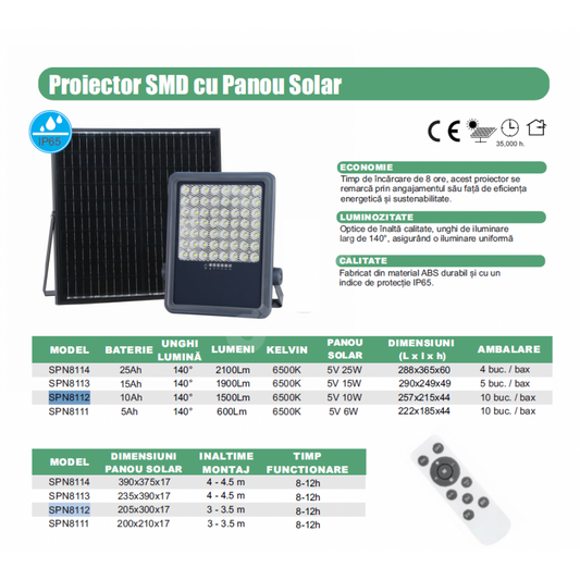 Proiector LED SMD 200W Premium cu Panou Solar si Telecomanda 6500K
