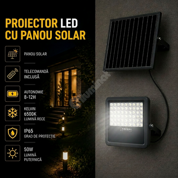 Proiector LED SMD 50W Premium cu Panou Solar si Telecomanda 6500K
