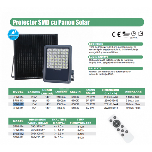 Proiector LED SMD 50W Premium cu Panou Solar si Telecomanda 6500K