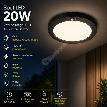 Spot LED 20W Rotund Negru CCT / ⌀220mm / Aplicat cu Senzor