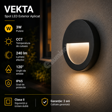Spot LED Exterior Aplicat VEKTA Black 3W IP65 CCT Rotund