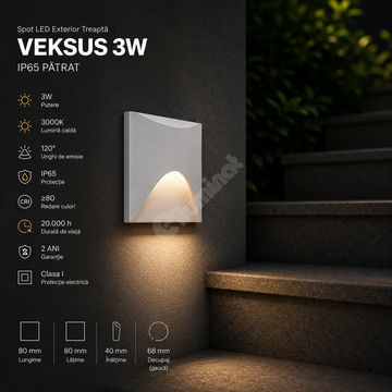 Spot LED Exterior Treapta VEKSUS White 3W IP65 Patrat