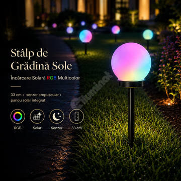 Stalp de Gradina Sole cu Incarcare Solara RGB 33cm