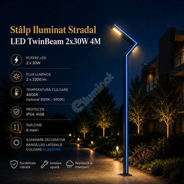 Stalp Iluminat Stradal LED TwinBeam 2x30W 4M
