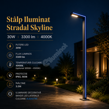 Stalp Iluminat Stradal Skyline 30W CCT + Lumina Albastra – 4M