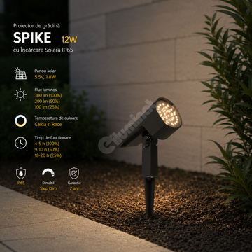 Stalp LED Gradina SPIKE 12W Dimabil cu Incarcare Solara IP65