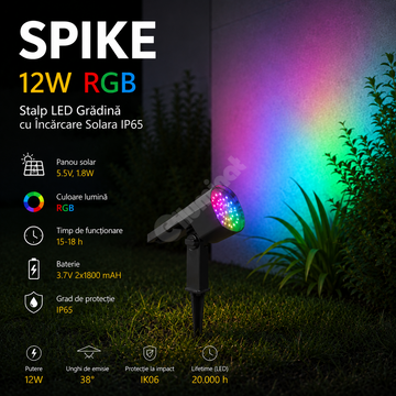 Stalp LED Gradina SPIKE 12W RGB Dimabil cu Incarcare Solara IP65