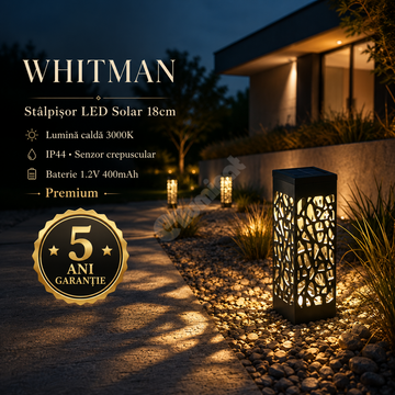 Stalpisor LED Solar WHITMAN 18cm, 3000K, IP44 5 Ani Garantie Premium