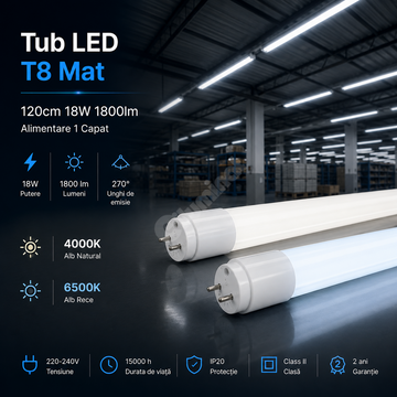 Tub LED T8 Mat 120cm 18W 1800lm Alimentare 1 Capat