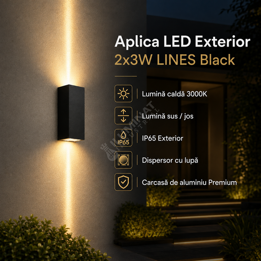 Aplica LED LINES Black 2x3W 3000K IP65