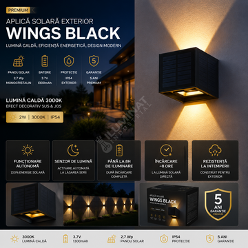 Aplica Wings Black Solara Exterior 2W IP54, 3000K, Premium
