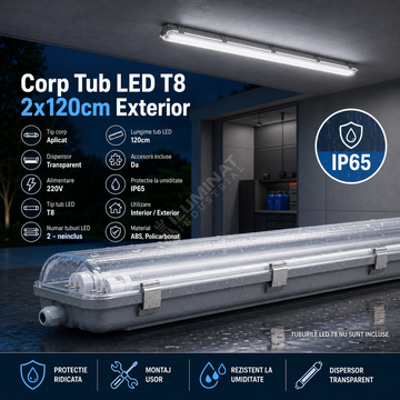 Corp Tub LED Transparent T8 2x120cm Exterior - Alimentare Ambele Capete